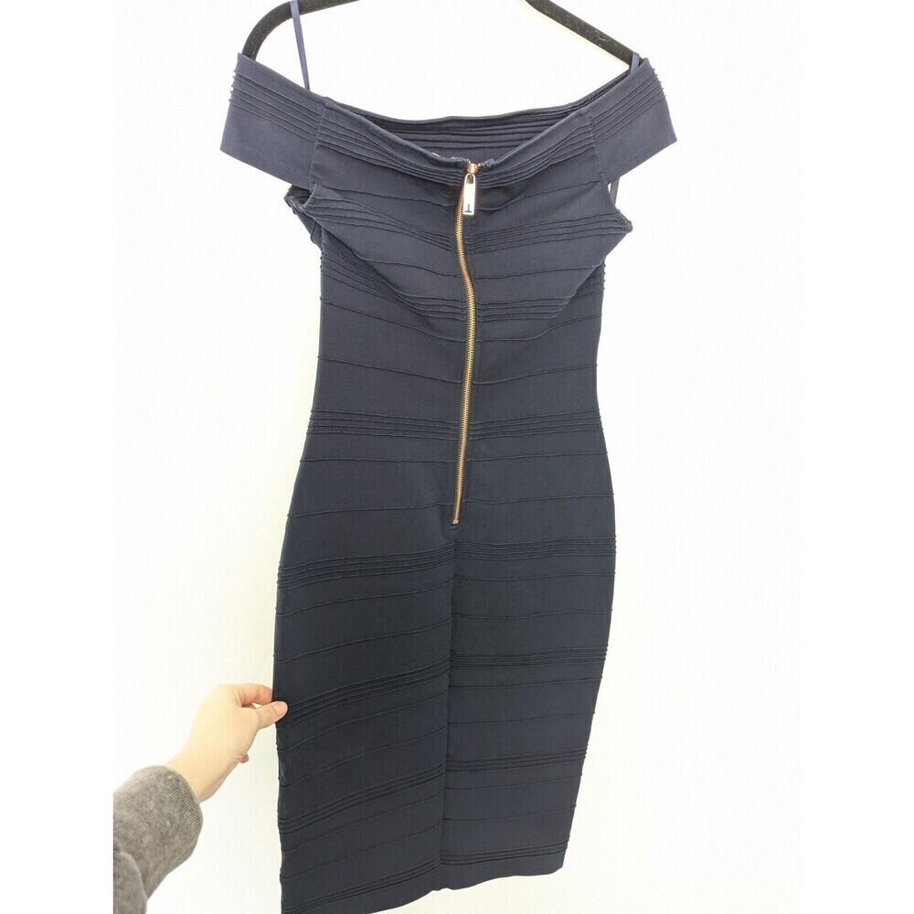 Ted Baker Dress Women Size 1/S Navy Blue Bodycon Pintuck Rose Gold Cocktail Midi - Picture 5 of 11